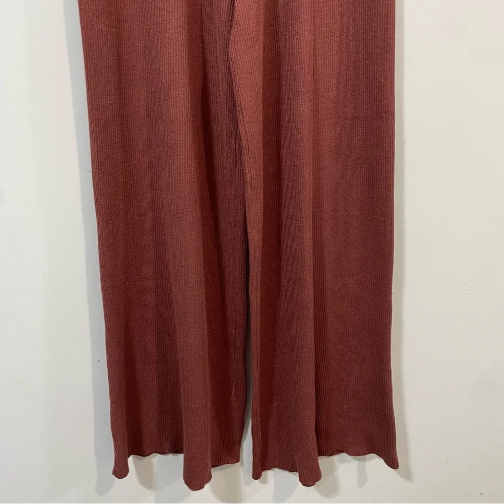 Free People Wide Leg Ribbed Knit Texture Pull On Lounge Terracotta Pants Size M